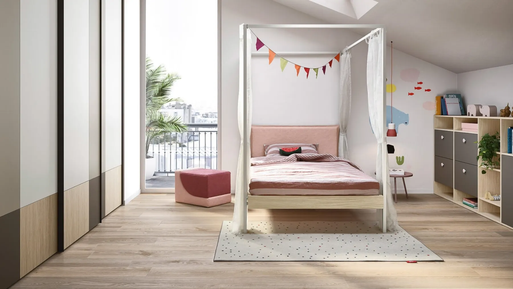 Cameretta componibile con letto a baldacchino e armadio ad ante scorrevoli Kids space 06 di Nidi