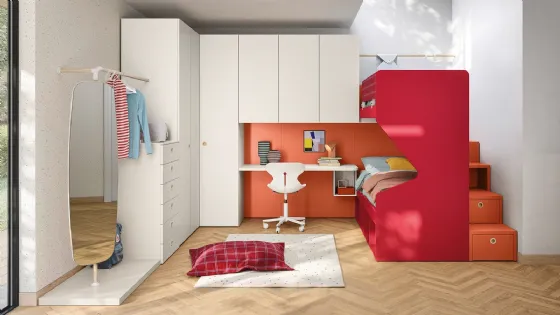 Cameretta a soppalco con scrivania Kids space 18 in melaminico di Nidi