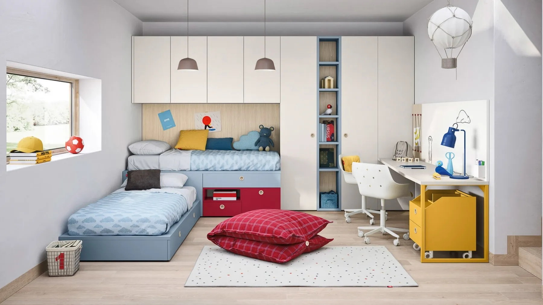 Cameretta a ponte con due letti e scrivania doppia Kids space 20 di Nidi