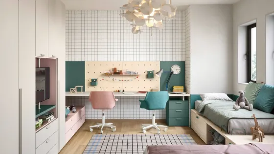 Cameretta componibile a 2 letti con scrivania a parete e armadio a muro Kids space 03 di Nidi