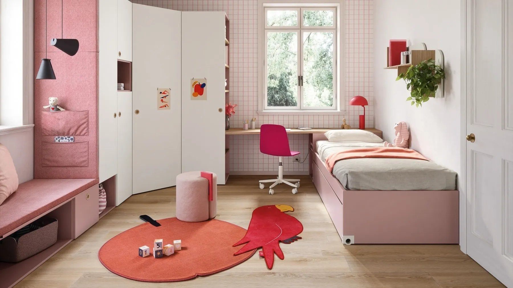 Cameretta su misura con cabina armadio ad angolo e panca contenitore Kids space 07 di Nidi