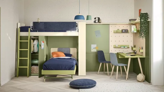 Cameretta a soppalco con scrivania Kids space 11 in melaminico di Nidi