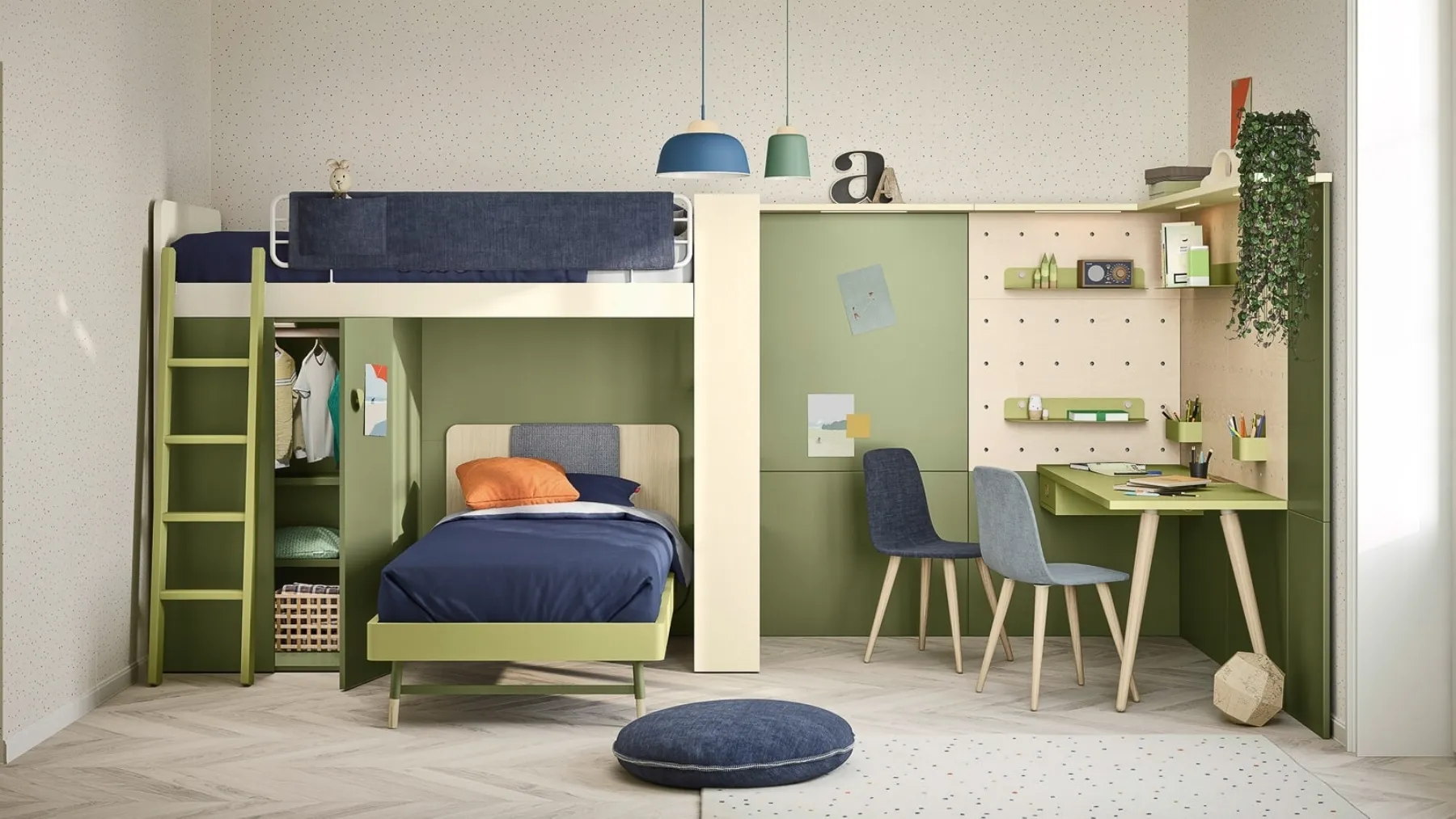 Cameretta a soppalco con scrivania Kids space 11 in melaminico di Nidi