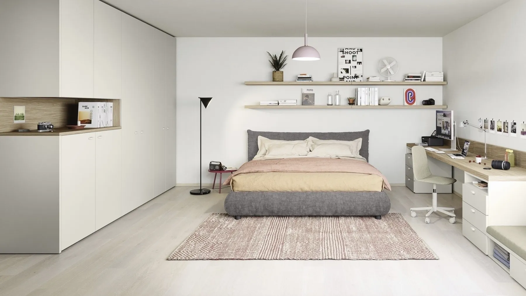 Cameretta componibile con letto matrimoniale in tessuto imbottito, scrivania e mensole Next space 08 di Nidi